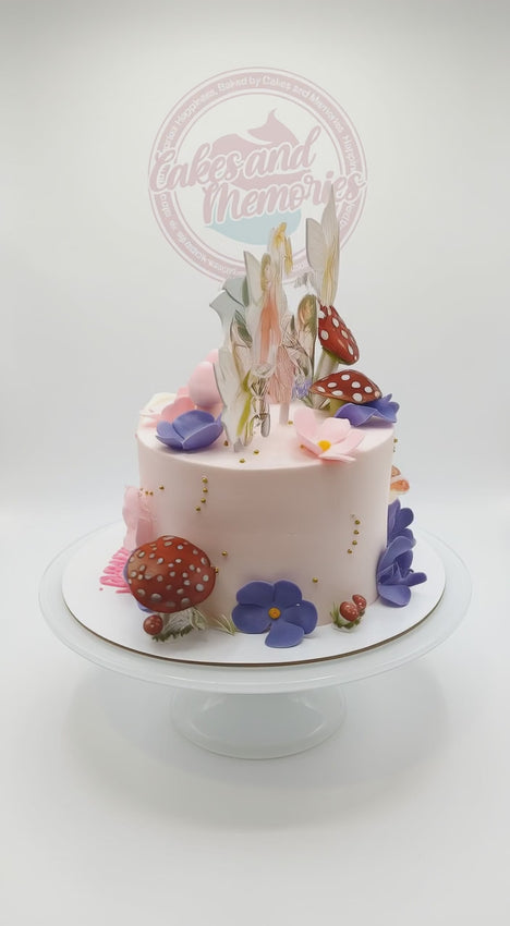 Birthday Whimsical 1 Tier cake with fairy toppers and an enchanted garden theme