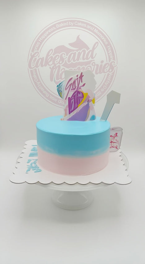 Saja Boys anime-themed birthday cake with blue and pink ombre icing and custom character toppers