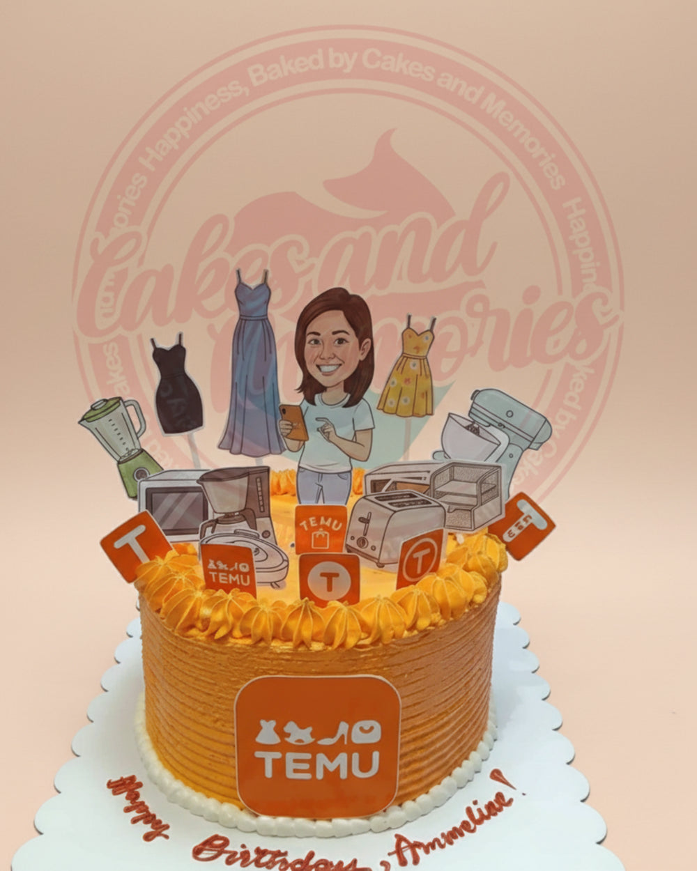 One-tier orange Temu e-commerce themed birthday cake with a cartoon woman, dresses, household appliances, and 'Happy Birthday Ammeline' text.