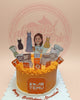 One-tier orange Temu e-commerce themed birthday cake with a cartoon woman, dresses, household appliances, and 'Happy Birthday Ammeline' text.