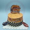 One-tier Hot Wheels birthday cake for Miko's 2nd birthday, orange with checkered flag, car cutouts, and custom topper.