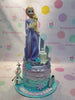 This custom Frozen themed cake is guaranteed to amaze children at any birthday party! The three-tiered cake is decorated with lavender, pink, purple and blue fondant in various shapes and sizes. The top tier is topped with a handmade Elsa and Anna dolls along with Olaf, snowflakes and more for a truly magical look. Perfect for any Disney Princess fan!