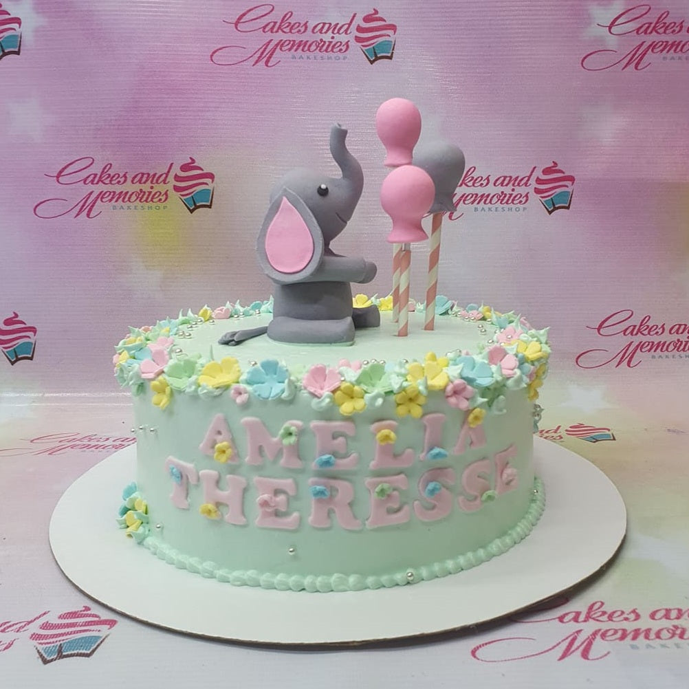 1 Layer, 1 tier, 1layer, 1tier, baby girl, balloons, baptismal, Birthday Cakes, christening, Christening Girl Cake, Customized Cakes, elephant, girl, Green, New05,  pink