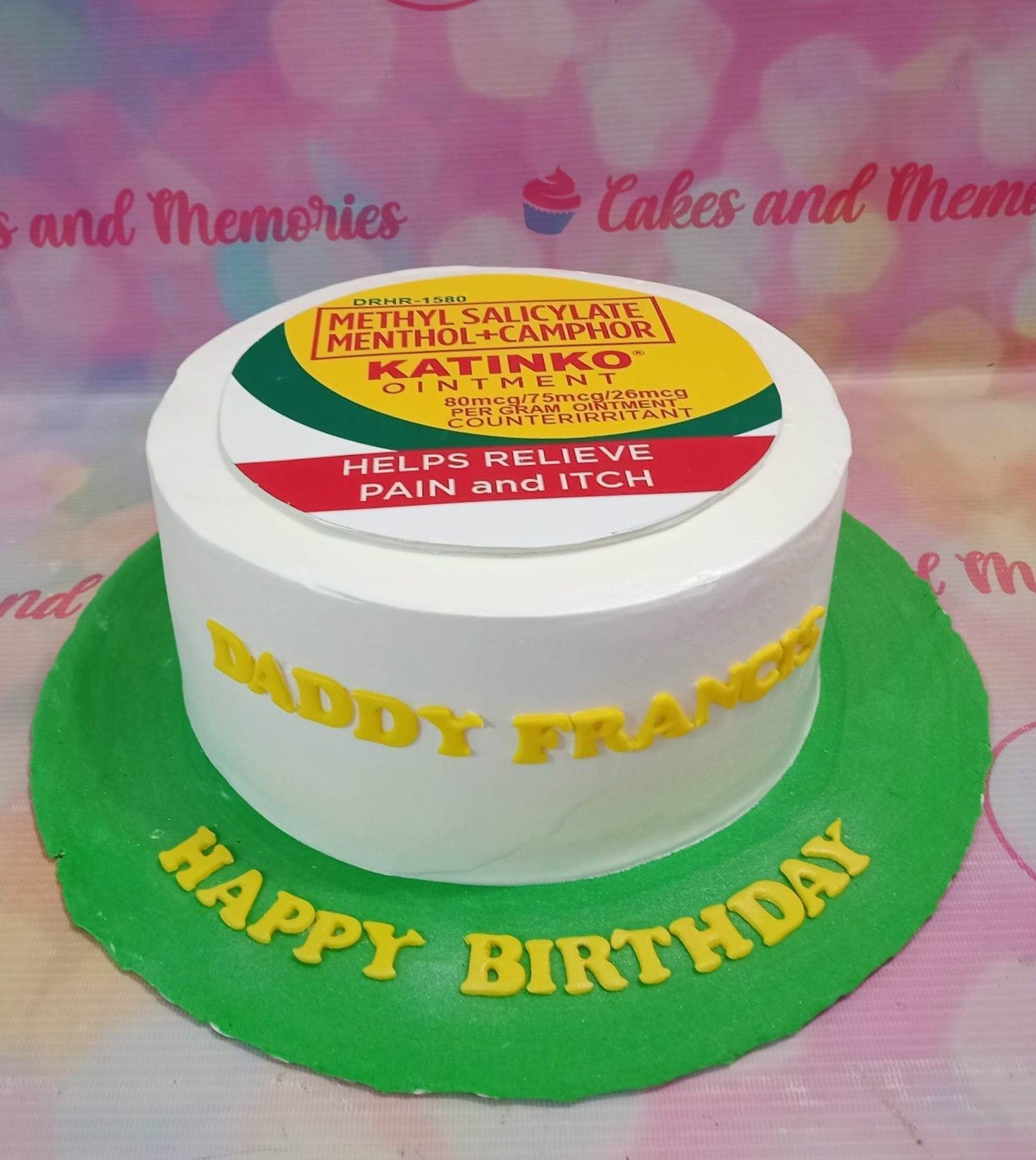 This custom decorated cake is perfect for an 'old' themed event. It features Katinko, Vicks Vaporub, and Mint decorations on a green background. Perfect for celebrating birthdays with seniors like Lolo and Lola. Made with high quality materials, this cake will last even during a gym session or exercise!