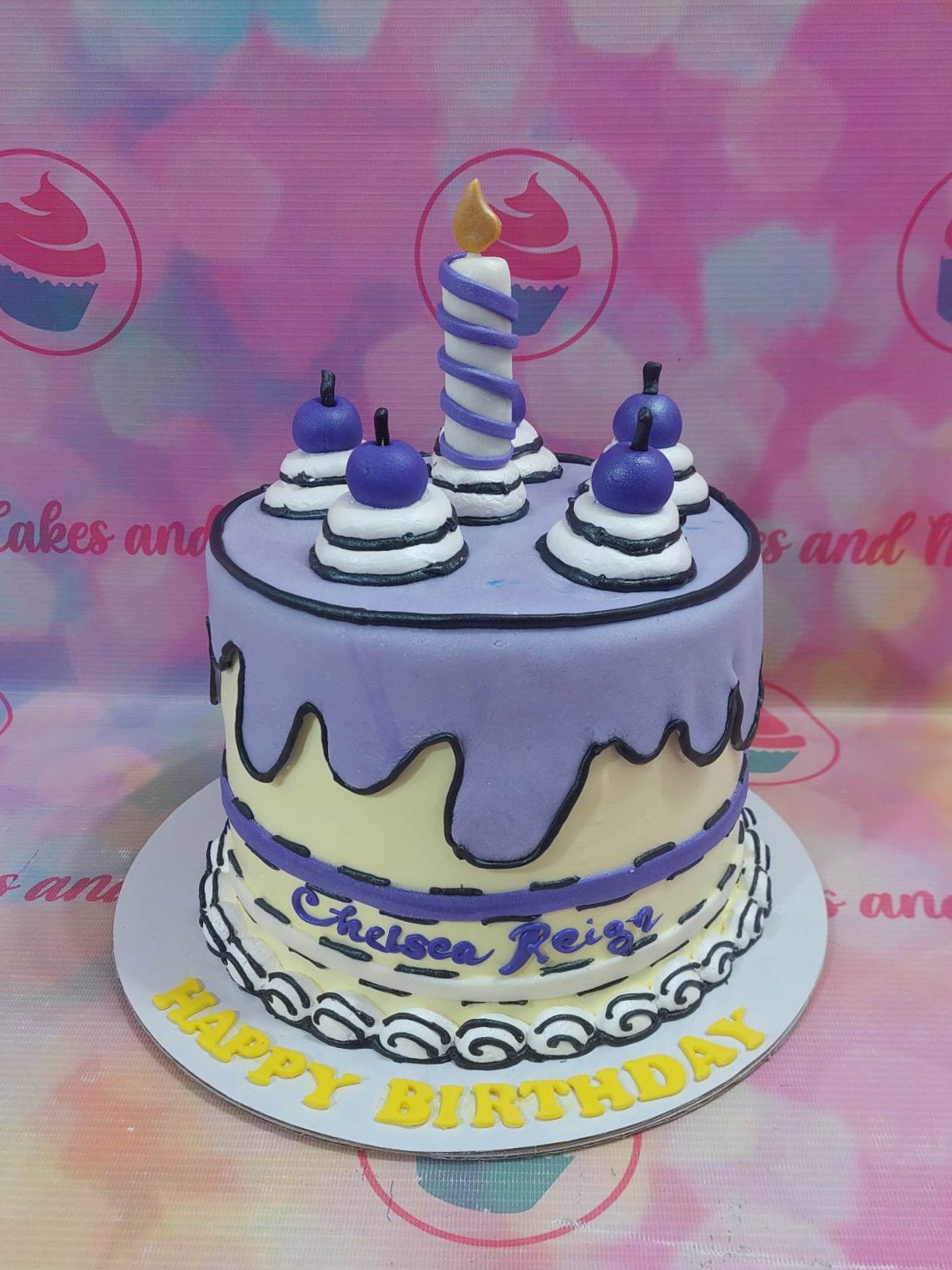 This decorated cartoon cake is the perfect birthday shout out for the animation TV show fan. It is custom-made with a cartoon-style featuring vibrant purple and violet colors. The cake is attractive and will definitely capture attention.