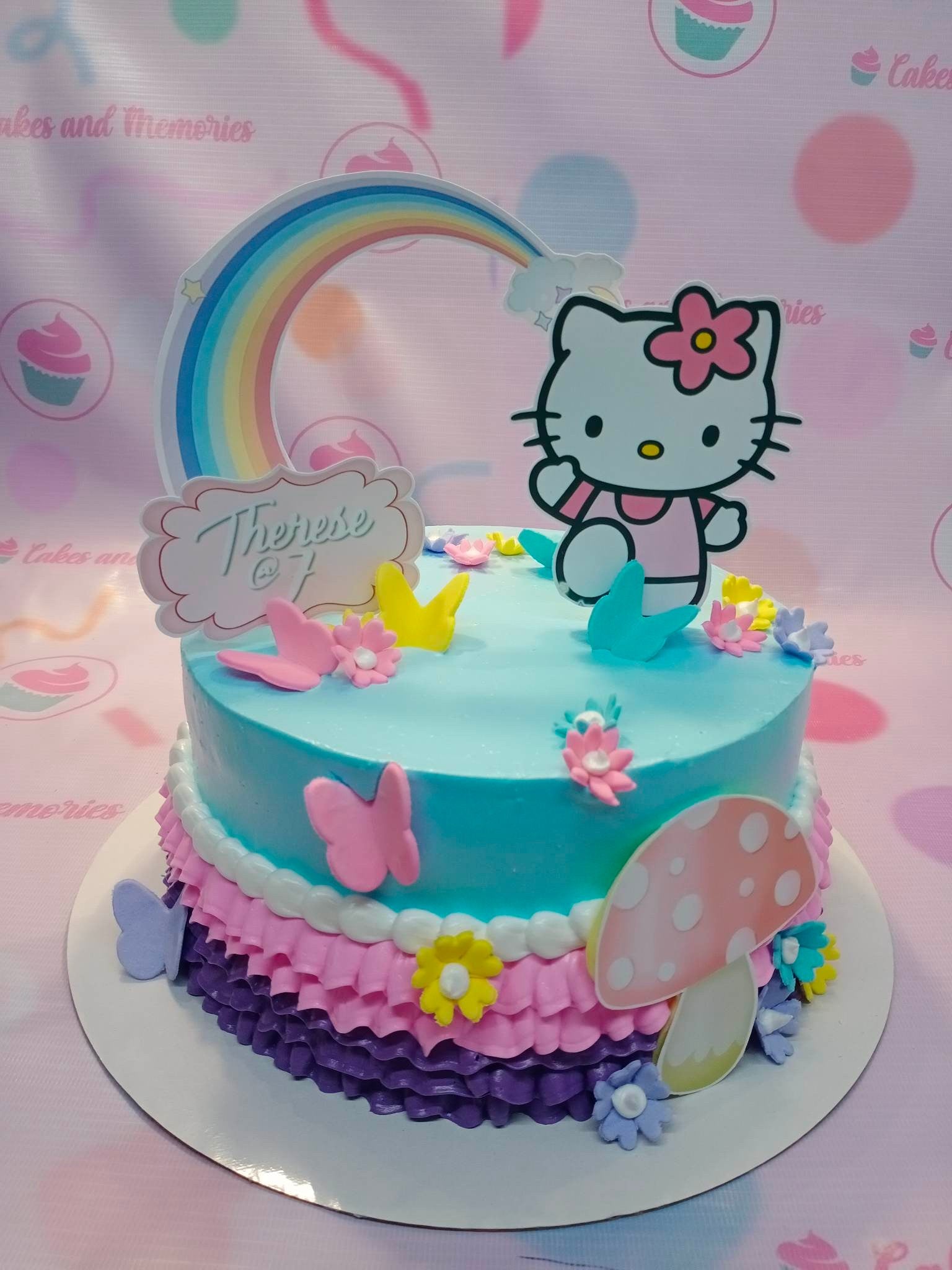This beautiful Hello Kitty Cake is decorated with colorful rainbow designs and a kitty cat figure. The custom cake is perfect for any birthday celebration or special occasion. It is sure to delight children and adults alike.