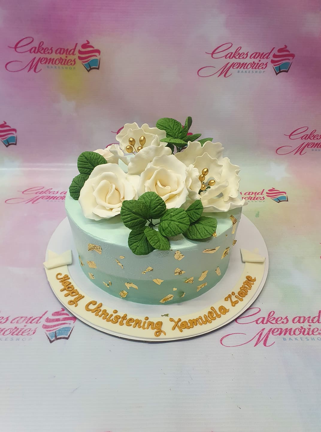 Mint green, Peach and Golden themed cake - Decorated Cake - CakesDecor