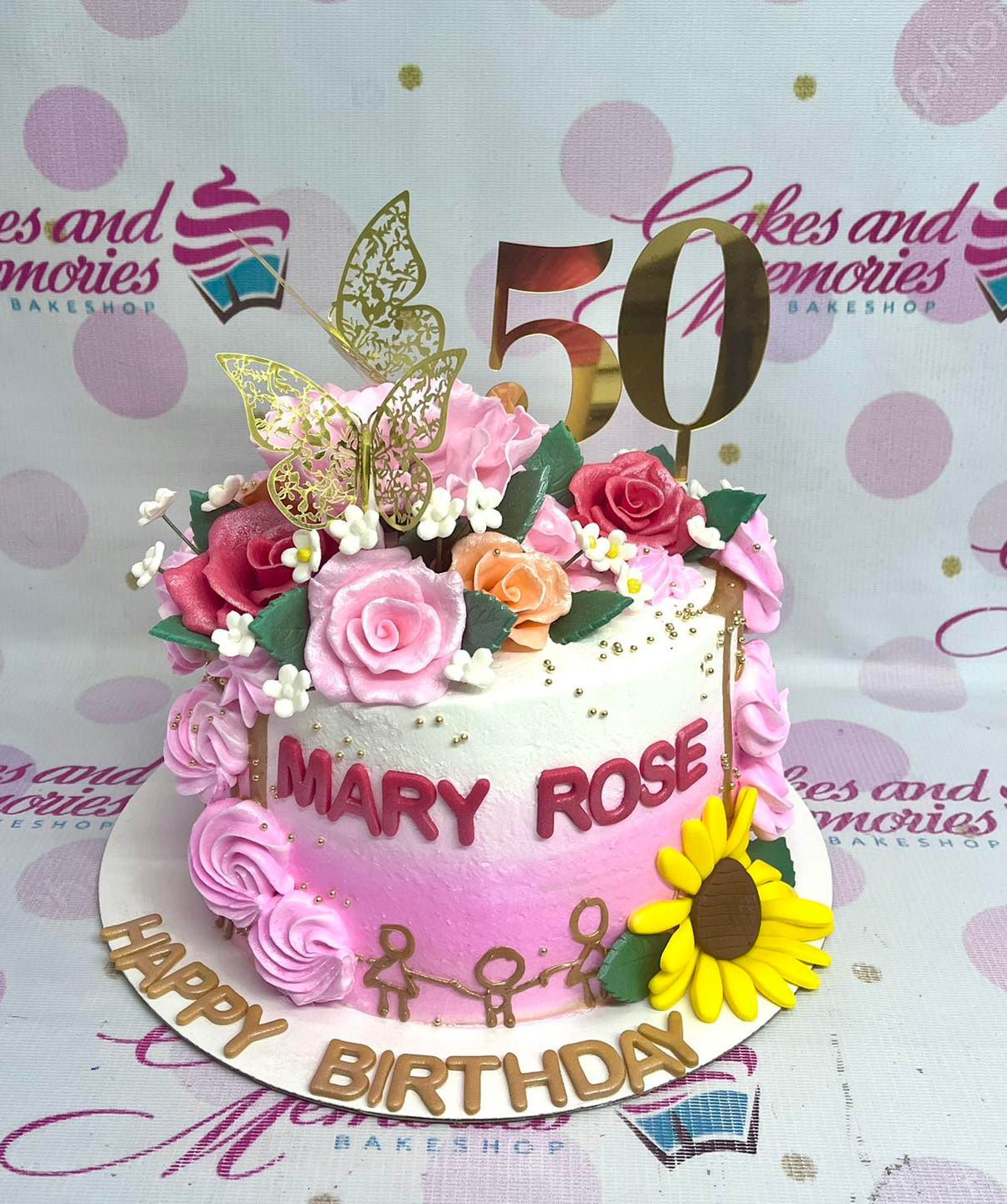 1 layer, 1 LayerB, 1 tier, 18th, 1layer, 1tier, Birthday Cakes, Butterflies, Butterfly, Customized Cakes, Floral, Flowers, Garden, Gold, Mothers, New14, Non Rush, NonRush,  Peach, Pink, Plants, Red, Roses, Sunflower