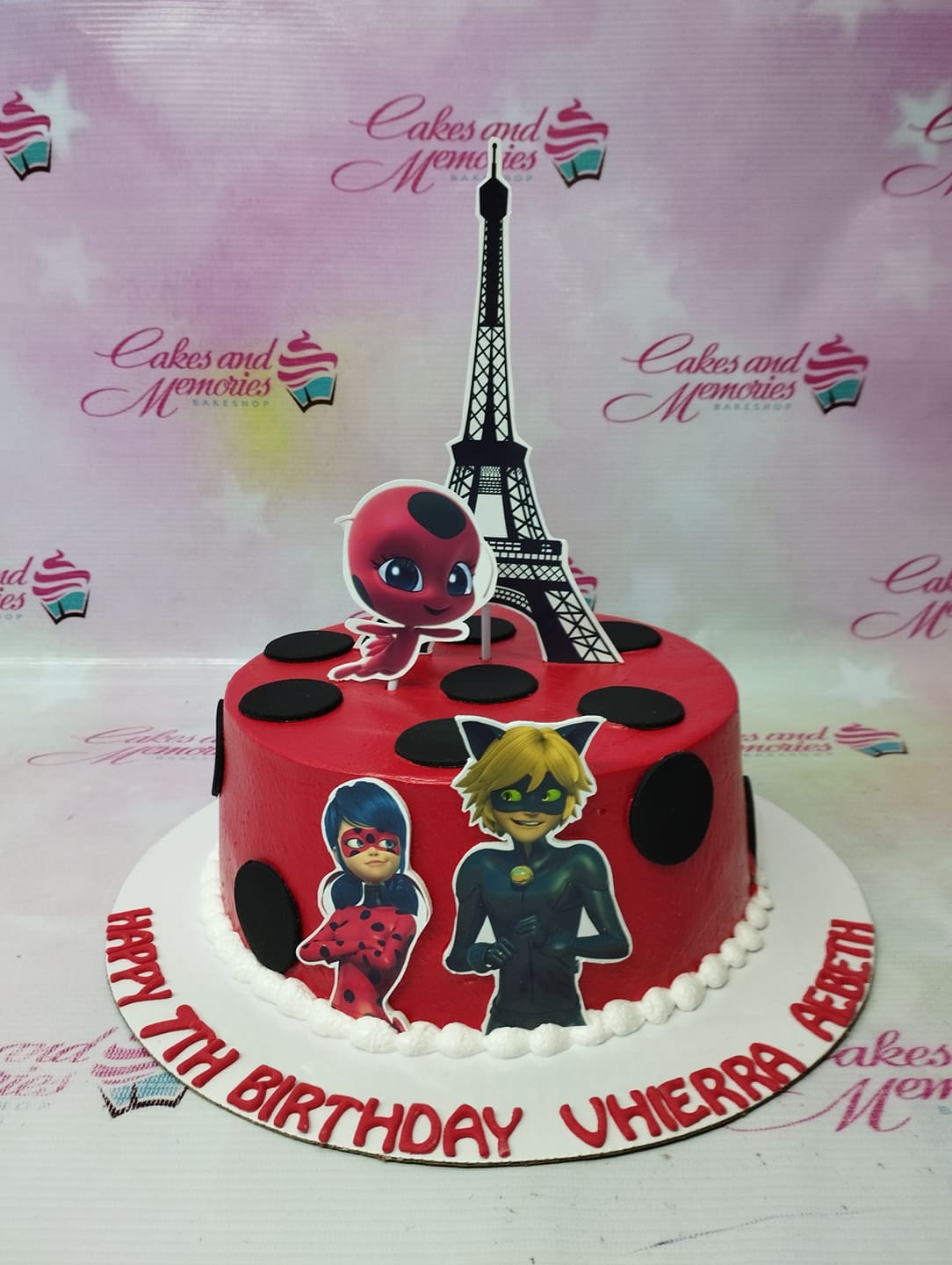 1 layer, 1 tier, 1layer, 1tier, Birthday Cakes, Cat Noir, Customized Cakes, Eiffel Tower, Kids TV, Ladybug, Miraculous Lady Bug, New11,  Paris, Printout Topper, Red, Rush Orders, RushOrders