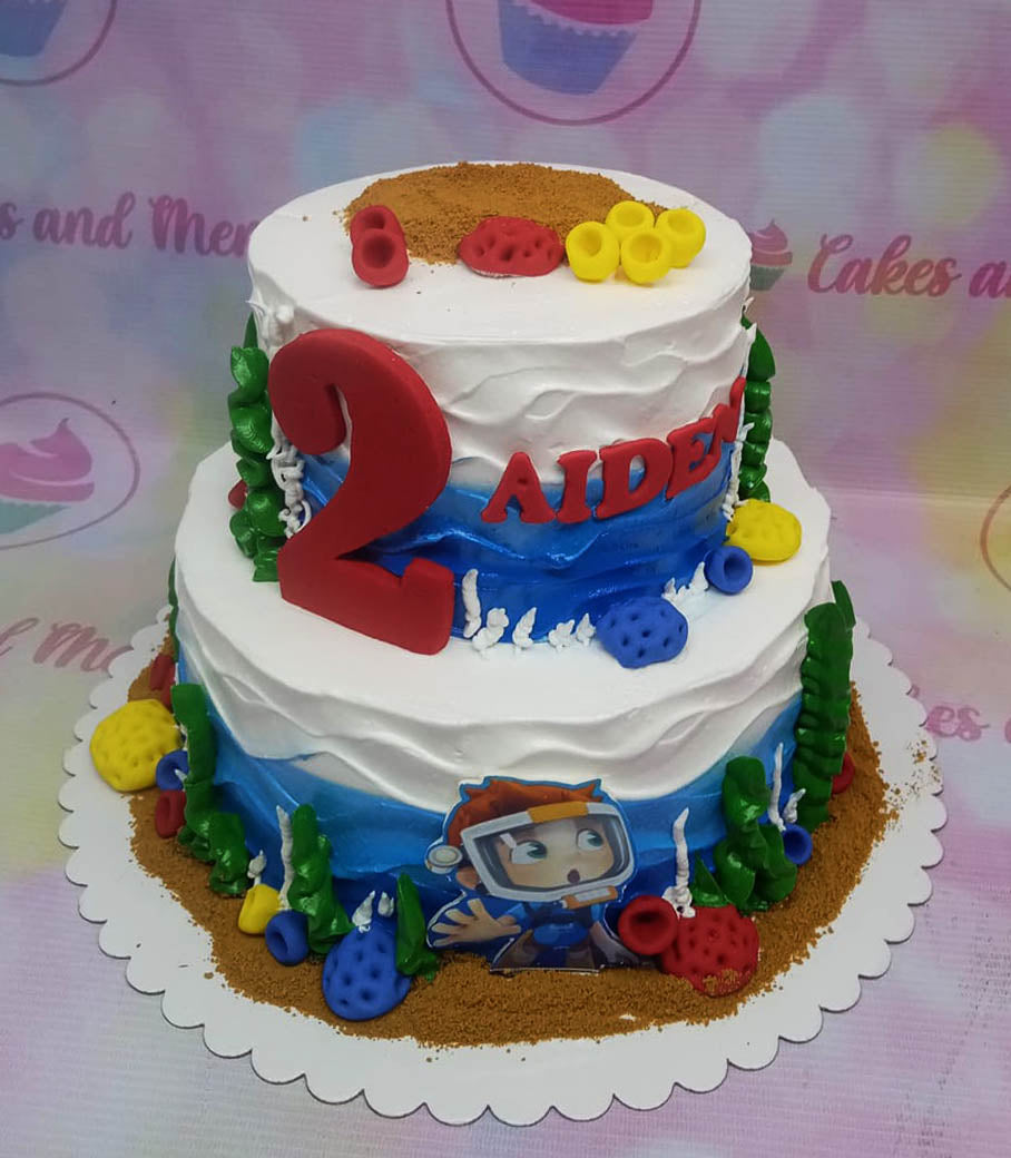Under the Sea Cake, 6"9" 2-tier, with blue, white color, mermaid theme, two-tier,  , birthdays, children,  diving, girls,  kids, little mermaid,  new15,   ocean, scuba, sea, under the sea