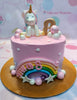 This beautiful custom cake is perfect for a special birthday celebration. It features a unicorn design with brightly coloured rainbows, stars, and a sparkly pink horn - perfect for a little girl! The high quality decoration ensures the cake looks great, and is sure to make your kid's birthday extra special.