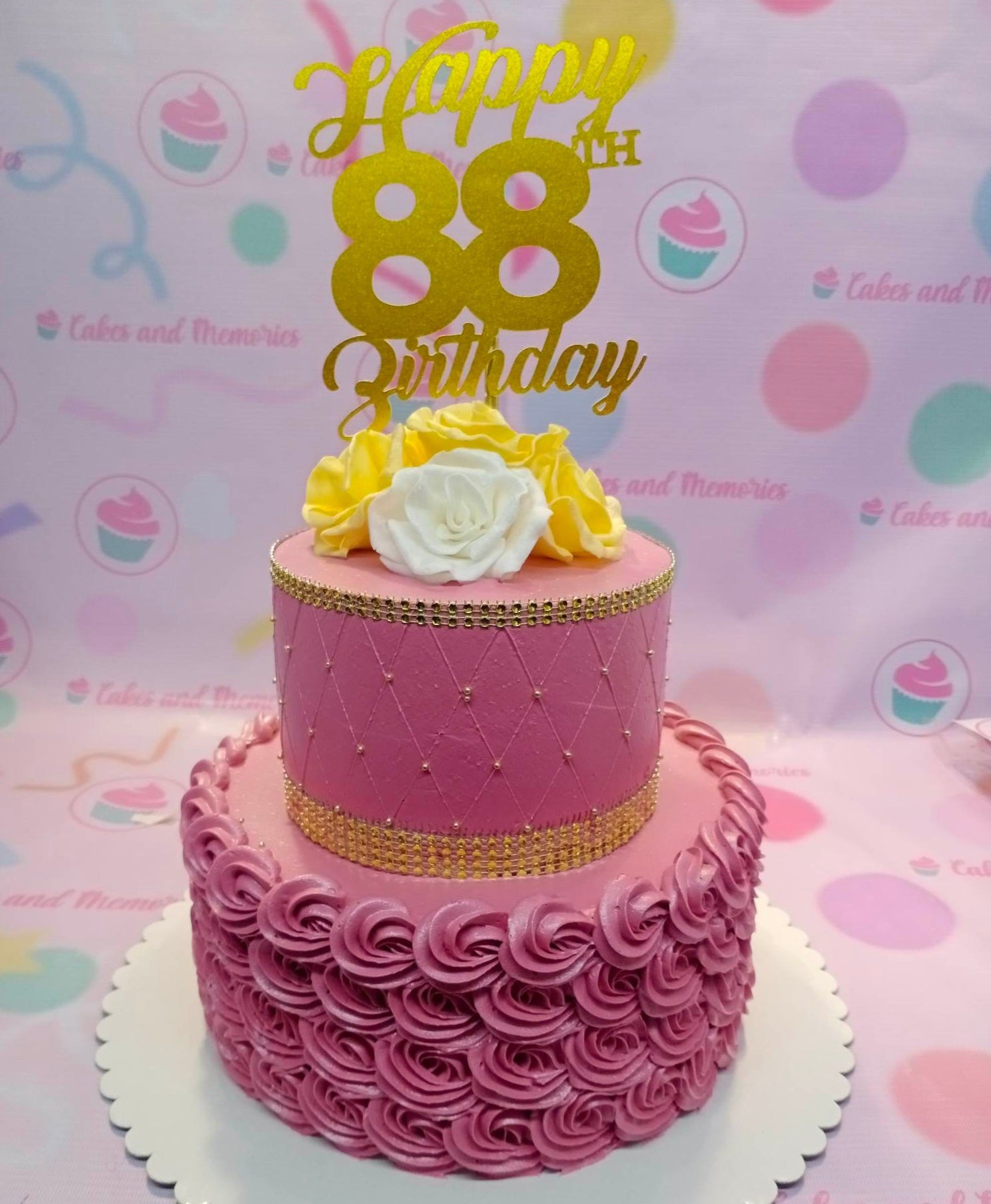 This custom decorated cake is perfect for any special occasion. It features a fifty cake with maroon and gold rosettes and is perfect for a birthday celebration for a grandfather, grandmother, lola, or lolo turning fifty or sixty. The premium quality and intricate design of this cake makes it a great centerpiece to a special event.