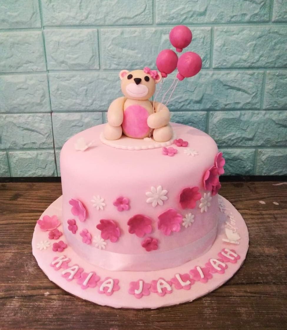 Tender Pink Cake For Baby Girl Birthday With Chocolate Spheres Cute Fondant Teddy  Bear Toy Golden Hearts And Number One Stock Photo - Download Image Now -  iStock