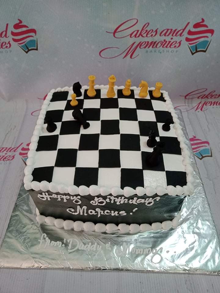 English Chess Birthday Cake With Chess Pieces