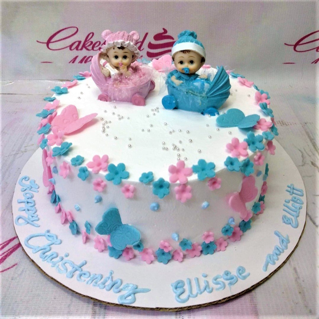 Birthday cake for baby boy and girl twins with names Stock Photo | Adobe  Stock