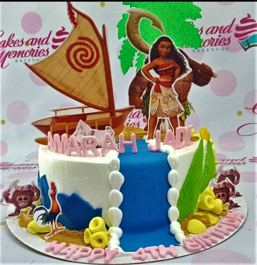 Moana birthday cake. I'm still obsessing over my hand painted (food  coloring on fondant) Moana sign. Everything is handmade, except the few  character figurines on the top. : r/cakedecorating