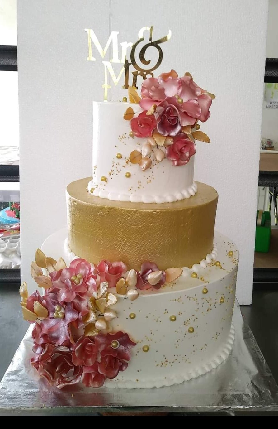 3-Tier Pink and Gold Wedding Cake – Cakes All The Way